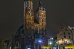 Saint Mary's Basilica at night in Krakow, Poland