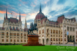 Famous Parliament Building and equestrian statue of Ferenc Rakoczi II on Kossuth Square, Budapest, Hungary