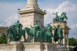 Right side view of some of statues of Seven chieftains of Magyars. Millennium Monument on Heroes' Square in Budapest