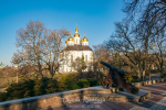 Scenic view with old cannon and Church of St. Catherine in historical center of Chernihiv, Ukraine