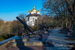 Scenic view with old cannons and Church of St. Catherine in historical center of Chernihiv, Ukraine