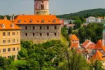 Scenic view of Vltava river and castle tower in Cesky Krumlov, Czech Republic