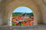 Scenic aerial view over the old Town of Cesky Krumlov, Czech Republic