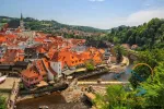 Scenic aerial view over the old Town of Cesky Krumlov, Czech Republic