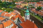 Scenic aerial view over the old Town of Cesky Krumlov, Czech Republic