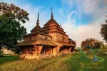 Stunnig view of medieval wooden church of Saint Basil illuminated by morning sun, Cherche, Ukraine