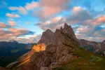 Magnificent view of Puez Odle - Geisler group at sunset. Dolomite Alps, Italy