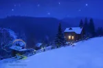 Winter landscape with a starry sky and mountain house
