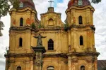 Baroque Roman Catholic Saint Anthony Church and Statue of St John of Dukla in Hvizdets, Ivano-Frankivsk region, Ukraine