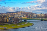 Scenic view of Wisla river and Kosciuszko Mound from Wawel castle hill at sunny winter day, Krakow, Poland