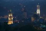 Aerial panoramic view of historical city center at night, Lviv, Ukraine. UNESCO world heritage site