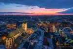 Aerial panoramic view of historical city center at twilight, Lviv, Ukraine. UNESCO world heritage site