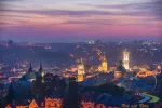 Amazing panoramic view of historical city center at twilight, Lviv, Ukraine. UNESCO world heritage site