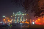 Amazing view of Opera House in Lviv, Ukraine at foggy autumn night