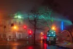 Beautiful nightscape of city center of Lviv, Ukraine at foggy night