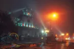 Beautiful nightscape of Bernardine church and monastery in historical city center at foggy night, Lviv, Ukraine