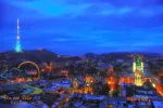 Aerial panoramic view of historical city center at night, Lviv, Ukraine. UNESCO world heritage site