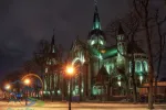 Beautiful nightscape of neo-gothic Church of Sts. Olha and Elizabeth in Lviv, Ukraine