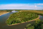 Aerial panorama of Dniester river near Mariiampil, Ivano-Frankivsk region, Ukraine