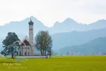 Beautiful alpine landscape with copy space. St. Coloman Church in Schwangau, Germany
