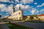 Picturesque view of Komenskeho street and Church of Nativity of Virgin Mary in Nove Mesto nad Metuji, Czech Republic