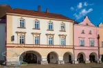 Scenic view of renaissance tenement houses on market square of old town in Nove Mesto nad Metuji, Czech Republic