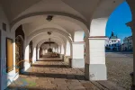 Arcade in renaissance building on Husovo square, Nove Mesto nad Metuji, Czech Republic