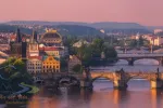 Scenic view of Prague bridges in sunrise light