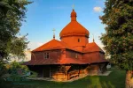 Scenic view of medieval Greek Catholic wooden church of the Ascension, Sniatyn, Ivano-Frankivsk region, Ukraine