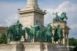 Right side view of some of statues of Seven chieftains of Magyars. Millennium Monument on Heroes' Square in Budapest