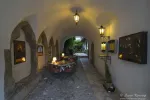 Medieval cafe in gateway of old building, Budapest, Hungary