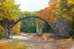 Famous Devil's Bridge in Azalea and Rhododendron Park Kromlau, Germany under construction until October 2020